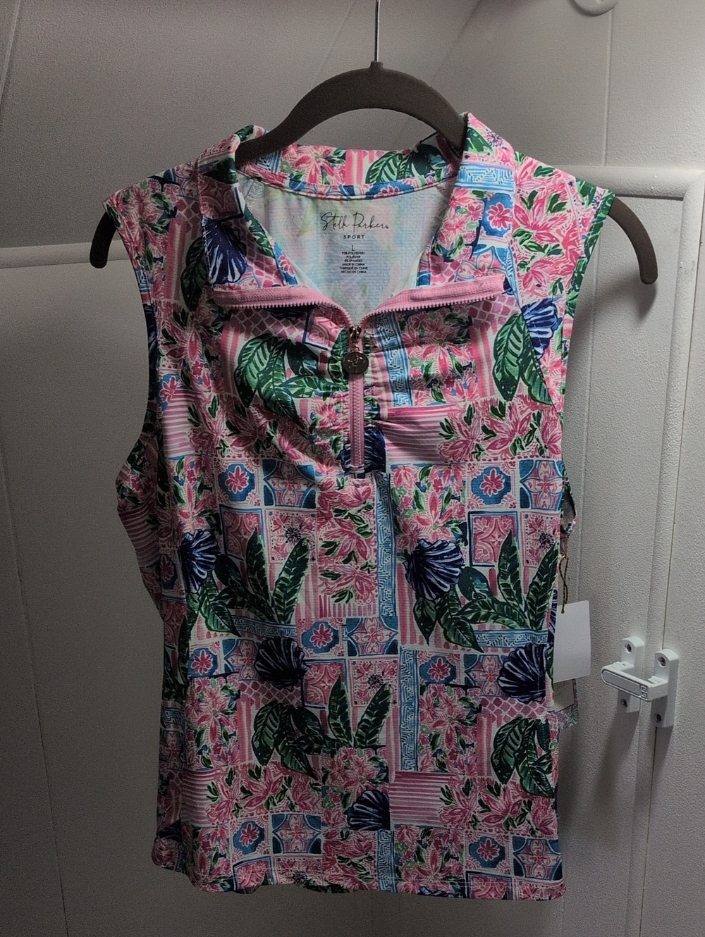 Zip-Front Floral Polo Tank Top in Pink by Stella Parker